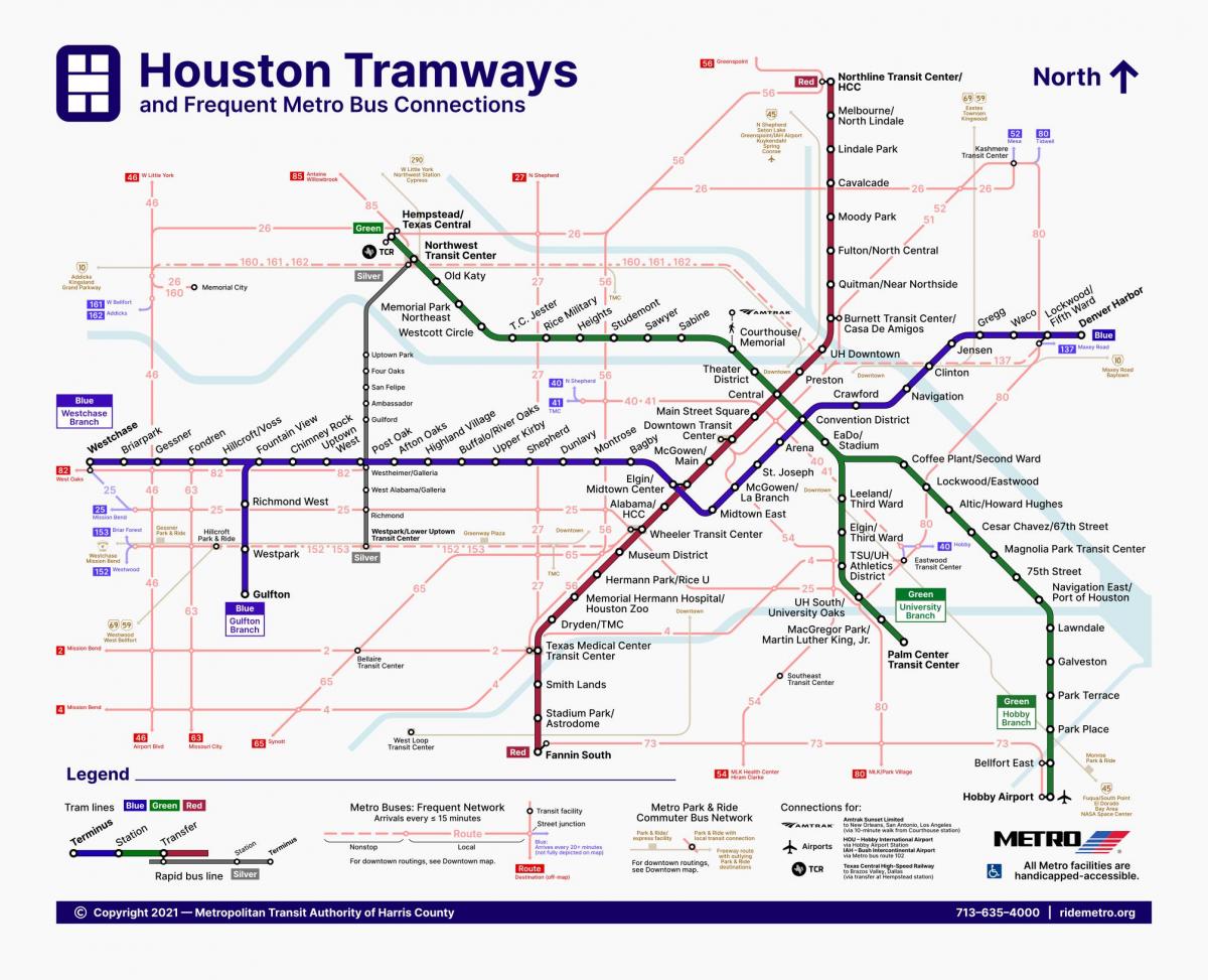Mapa de las estaciones de tranvía de Houston