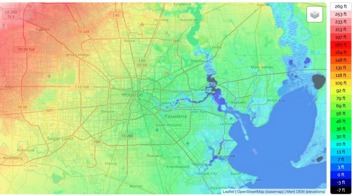 Mapa de elevación de Houston